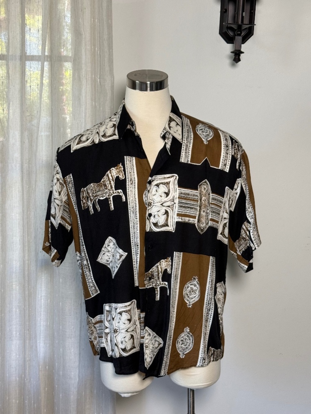 Vintage Milo International Rayon Camp Shirt Horse Print Black Brown Men's L